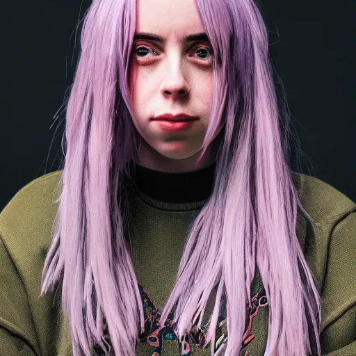 Image similar to Billie Eilish portrait, XF IQ4, f/1.4, ISO 200, 1/160s, 8K, Sense of Depth, color and contrast corrected, Nvidia AI, Dolby Vision, symmetrical balance, in-frame