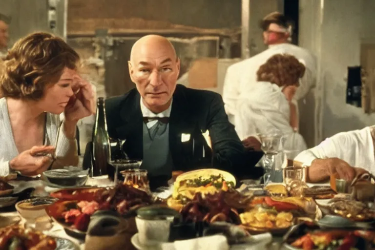 Prompt: film still patrick stewart in a dinner in pulp fuction