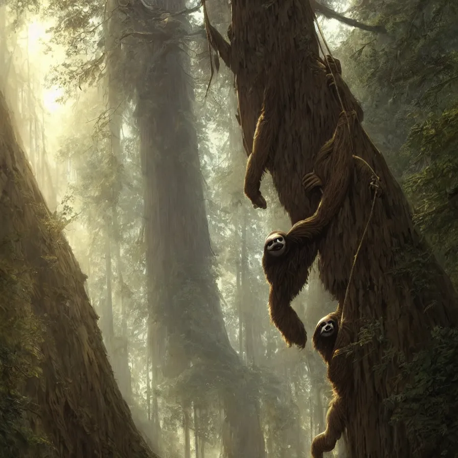 Image similar to a single colossal sloth hanging from a giant redwood tree, high detail, dramatic light, digital art, painted by greg rutkowski, painted by seb mckinnon, trending on artstation