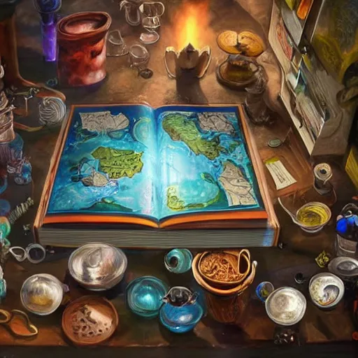 Image similar to hyper real, table, map, wizards laboratory, lisa parker, tony sart, mortar, pestle, scales, energy flowing, magic book, beakers of colored liquid