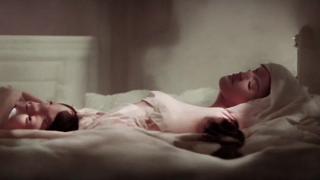 Image similar to movie still of a girl having sleep paralysis, cinematic composition, cinematic light, criterion collection, vivid colors, by edgar wright and david lynch