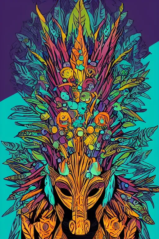 Image similar to animal mask totem roots flower tribal feather gemstone plant wood rock shaman vodoo video game vector cutout illustration vivid multicolor borderlands comics by josan gonzales and dan mumford radiating a glowing aura