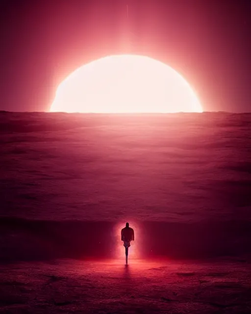 Image similar to a person standing in front of a glowy open door that's on a barren moon, poster art by mike winkelmann, trending on cg society, space art, sci - fi, ue 5, futuristic, volumetric lighting, light casting onto the ground, neat composition and camera angle