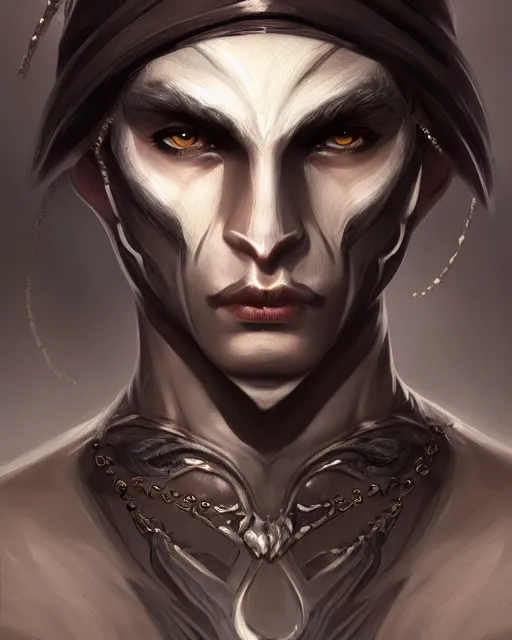 Prompt: portrait of a handsome male dark elf, obsidian skin, fantasy, feminine, elegant, intricate, highly detailed, digital painting, artstation, concept art, sharp focus, illustration