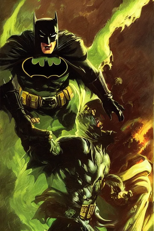 Prompt: angry batman, with dark ghost smokes around, green scary lights, sci - fi, fantasy, intricate, dark fantasy color scheme, gaston bussiere, craig mullins, j. c. leyendecker, frank frazetta, cinematic, mysterious, artgem, unreal engine