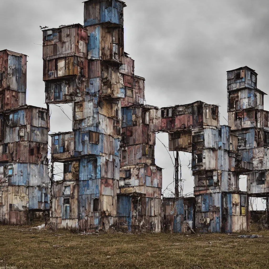 Prompt: three high towers, made up of makeshift squatter shacks with faded colours, dystopia, hasselblad x 1 d, moody sky at the back, fully frontal view, very detailed, ultra sharp, photographed by jeanette hagglund