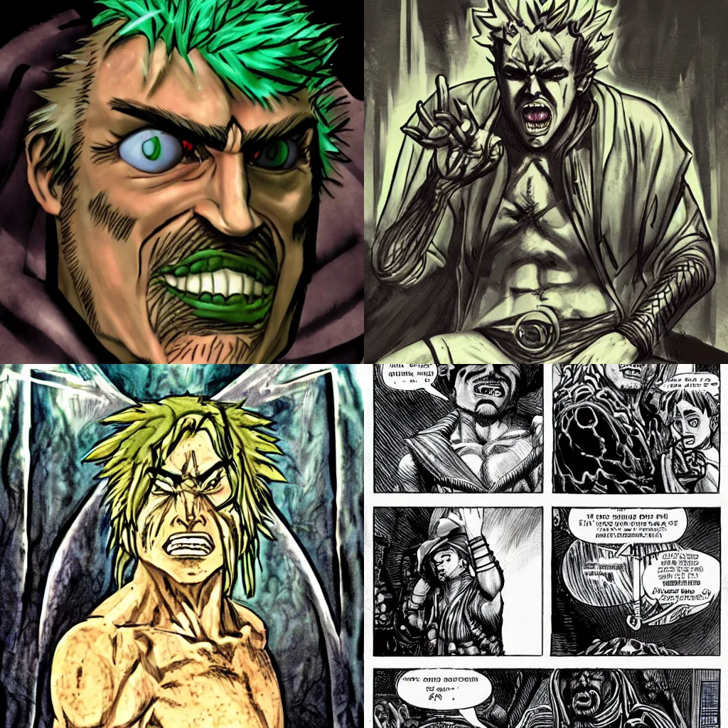 Prompt: joseph joestar agreeing to a faustian bargain in the style of h. r. giger