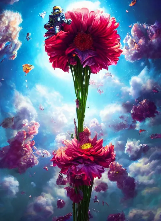 Image similar to An epic fantastic realism comic book style painting of the most beautiful flowers launched into space, bouquets, glorious galactic collision, sharp focus, fisheye, unreal 5, DAZ, hyperrealistic, octane render, dynamic lighting