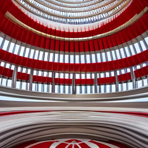 Image similar to futuristic space station with gold, red and white marble panels, by santiago calatrava, intricate contemporary architecture, photo journalism, photography, cinematic, national geographic photoshoot