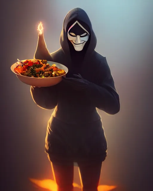 Prompt: movie still macro close photo of anonymous holding stirfry to face, by weta disney pixar greg rutkowski wlop ilya kuvshinov rossdraws artgerm octane render iridescent, bright morning, liosh, mucha