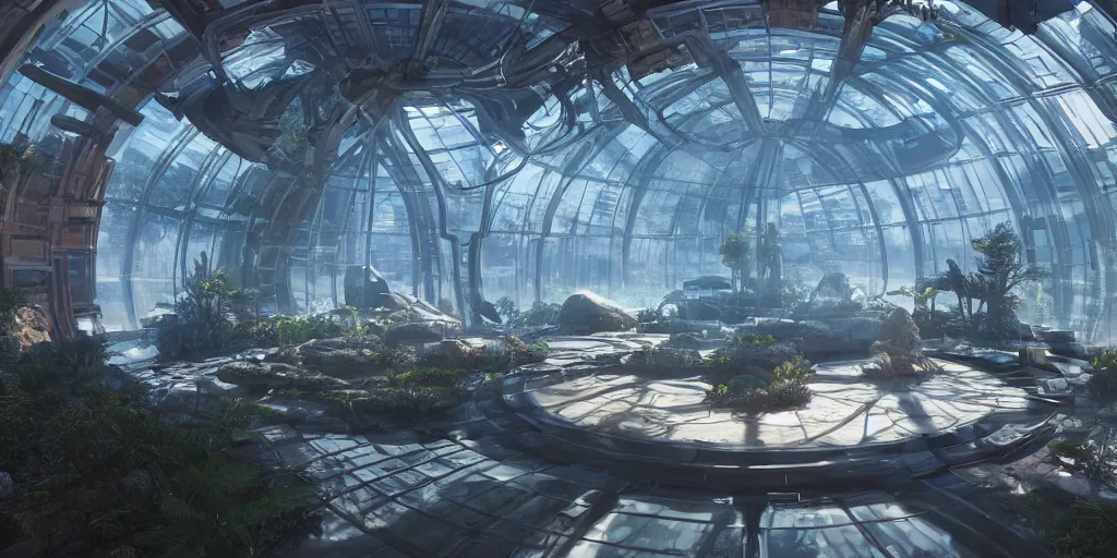 Prompt: arcology oasis indoor in transparent dome in arctic planet. unreal engine, octane, raytrace, wires, tubes. horizon zero dawn, hawken filip hodas artgerm