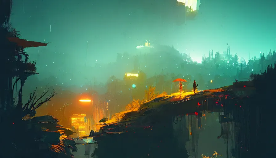 Prompt: concept art by jama jurabaev and ismail inceoglu and sparth, cel shaded, cinematic shot, trending on artstation, high quality, brush stroke, vibrant colors, under the silent night sky, mysterious canyon streams, lawns, fluorescent spots, luminous flowers, and lonely atmosphere