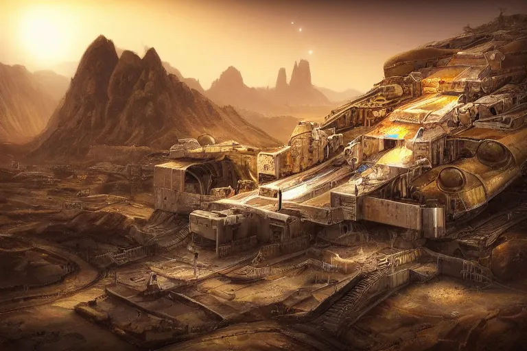 Image similar to favela spaceship cathedral bunker, desert environment, industrial factory, cliffs, bright, milky way, award winning art, epic dreamlike fantasy landscape, ultra realistic,