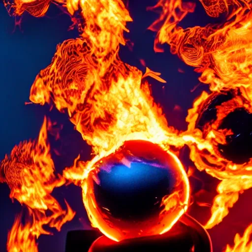 Image similar to red hot burning sphere embedded in fireball explosion with fire, 4 k