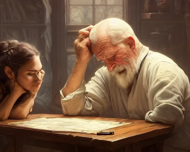 Image similar to an old man resting his chin on a table looking at the elixir of life with a photograph of his wife next to him, deep focus, d & d, fantasy, intricate, elegant, highly detailed, digital painting, artstation, concept art, matte, sharp focus, illustration, hearthstone, art by artgerm and greg rutkowski and alphonse mucha