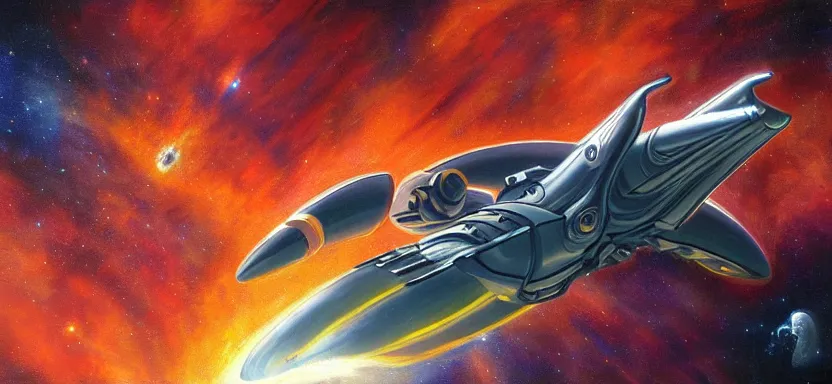 Image similar to beautiful masterpiece painting of spaceship in space, Gallante Thantos Carrier, by juan ortiz 8k