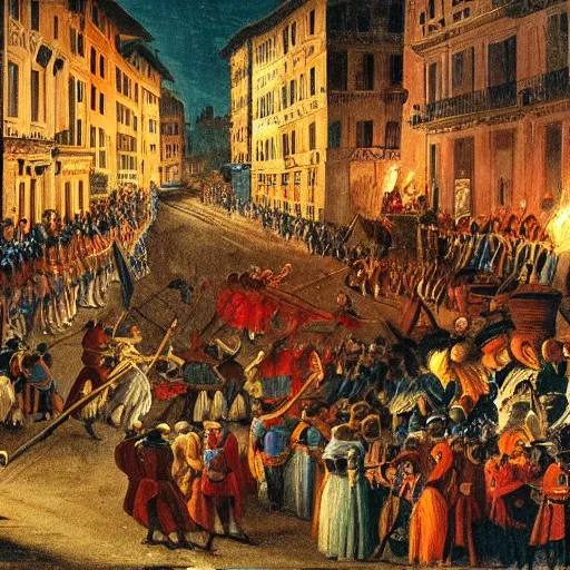 Prompt: streets of rome during carnival at night in 1 7 9 9, painted in the style of panini, with crowds carrying small torches, trying to extinguish those of the neighbors, everybody masked, crowded decorated and lit balconies, great joy and mess