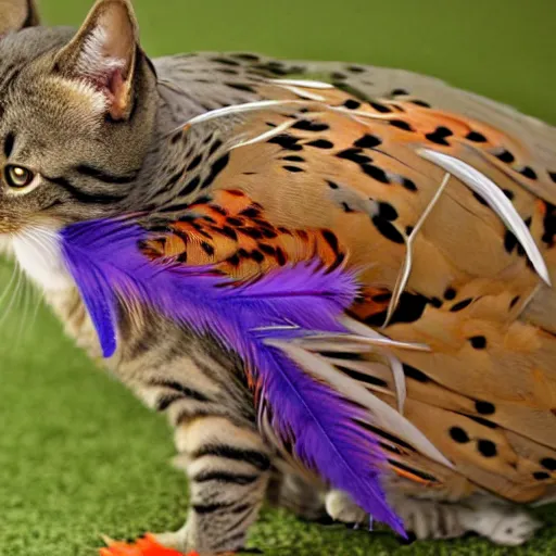 Image similar to A picture of a cute pet cat with long pheasant feathers on the body. The feathers are green and purple. award winning, stunning, 8k