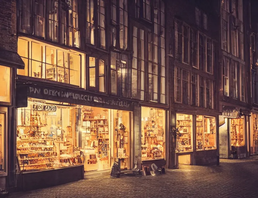 Image similar to close view of a shop in gent belgium at night, peaceful and serene, incredible perspective, soft lighting, anime scenery by makoto shinkai and studio ghibli, very detailed