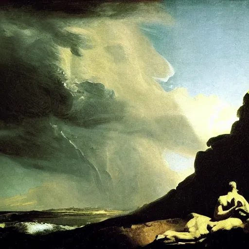 Prompt: goya the colossus painting, giant on the horizon, colossus in background, made of stone, atmospheric haze, stormy, tundra, hudson river school, princess in foreground, large scale