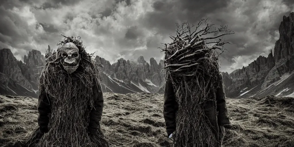 Image similar to alpine farmer transforming into a monster ,roots and hay coat, dolomites in background, dark, eerie, despair, portrait photography, artstation, highly detailed, sharp focus, by cronneberg