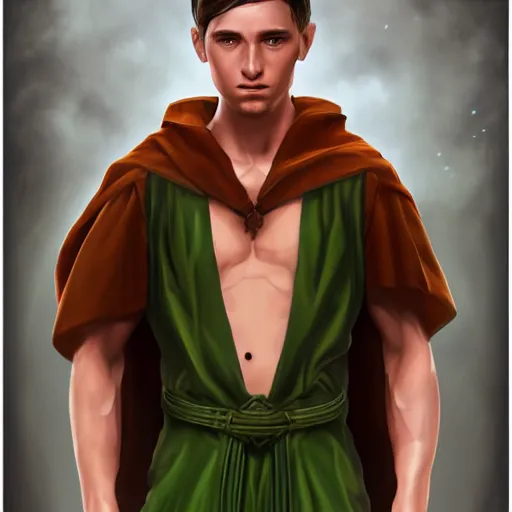 Prompt: realistic portrait, 25 years old man :: athletic fantasy mage :: green eyes, shoulder long brown hair :: wearing a brown robe :: high detail, digital art, RPG, concept art, illustration