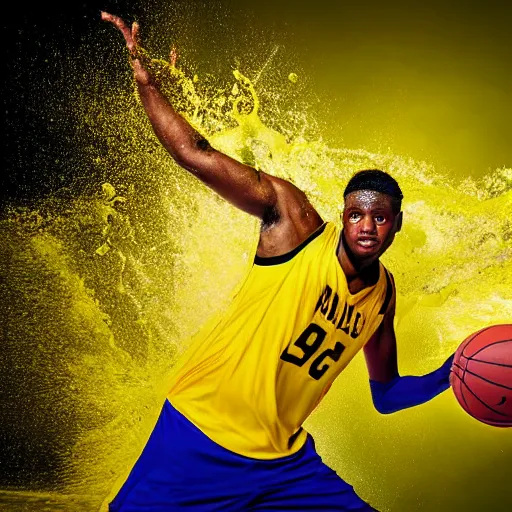 Prompt: a basketball player with yellow shirt catching a ball in the middle of the ocean, splash everywhere, freeze time, detailed, volumetric light, 4 k, dynamic movement, shot with flash, strobist, digital art, dramatic, sharp focus, by annie leibovitz