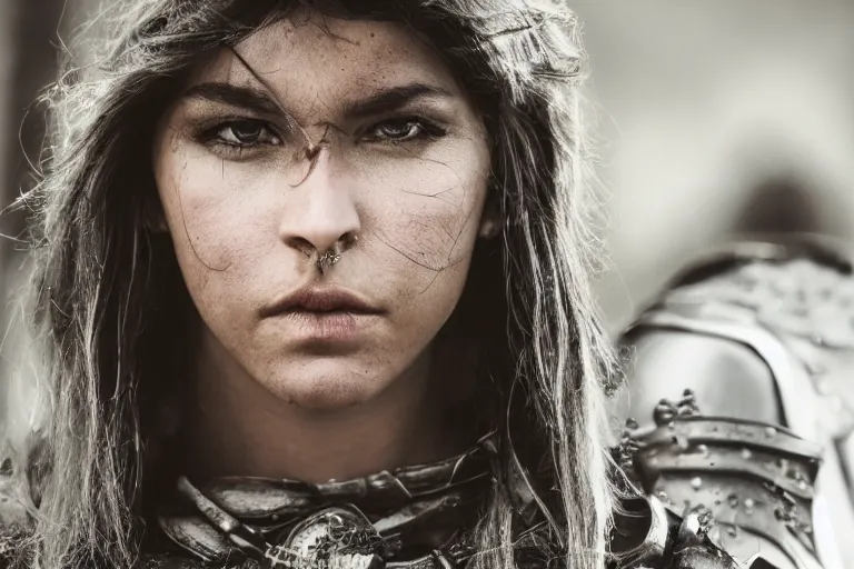 Image similar to close - up photo of a beautiful warrior princess in a battle scene, detailed eyes, shallow depth of field, photorealistic, cinematic lighting, lovely bokeh, warm colours, dusk