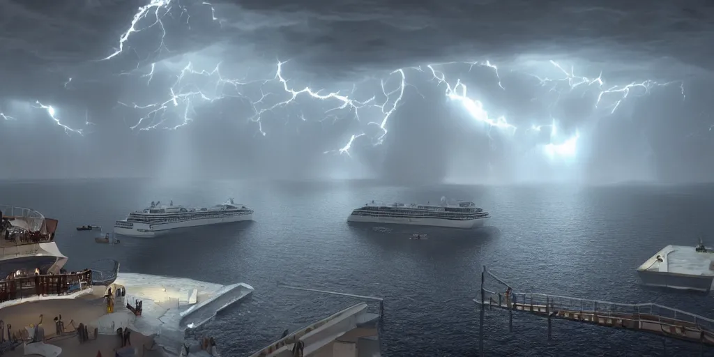 Prompt: cruise ship sinking, dark, thunderstorm unreal engine An epic fantastic realism dinamic lighting