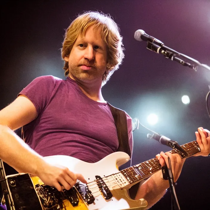 Prompt: close up portrait of the lead guitarist in the band phish