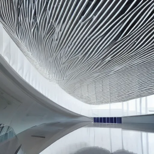 Image similar to extremely detailed stunning beautiful futuristic museum interior by Zaha Hadid, smooth curvilinear dragonfly wings pattern