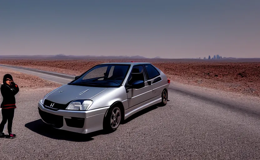 Image similar to photograph of a cell-shaded Honda EK9 Type-R with a lonely techwear woman , on a desert road with a futuristic city in the horizon, one point perspective, 1-point perspective, tilt shift, sigma 85mm f/1.4, 4k, depth of field, high resolution, 4k, 8k, hd, full color