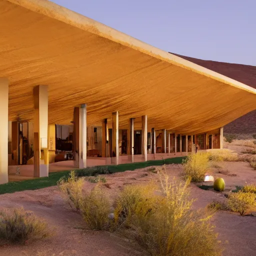 Prompt: biophilic hotel in the desert, high detaild, realistic, golden ratio