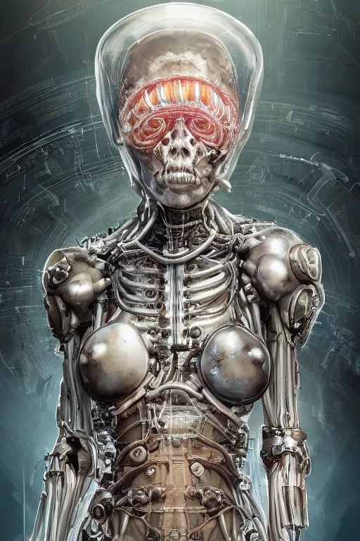 Image similar to a girl in a closed helmet in a biopunk costume consisting of swollen muscles, tendons, bones joints, protruding pistons. masterpiece 4k digital illustration by Scott M. Fischer, award winning, Artstation, Akira aesthetic, black background, intricate details, realistic, Hyperdetailed, 8k resolution