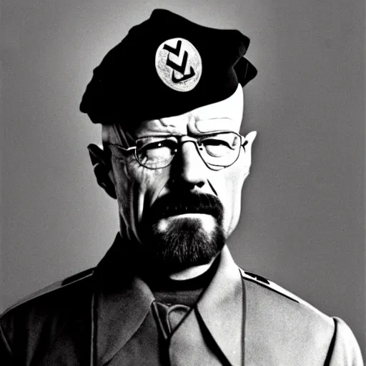 Prompt: walter white heisenberg cooking meth as a nazi scientist military uniform black and white photo