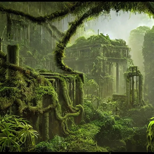 Prompt: A lost city in the jungle, with vines and moss covering the ruins, mysterious,enigmatic, Unreal Engine, 4k, by Iain McCaig and Jan toorop