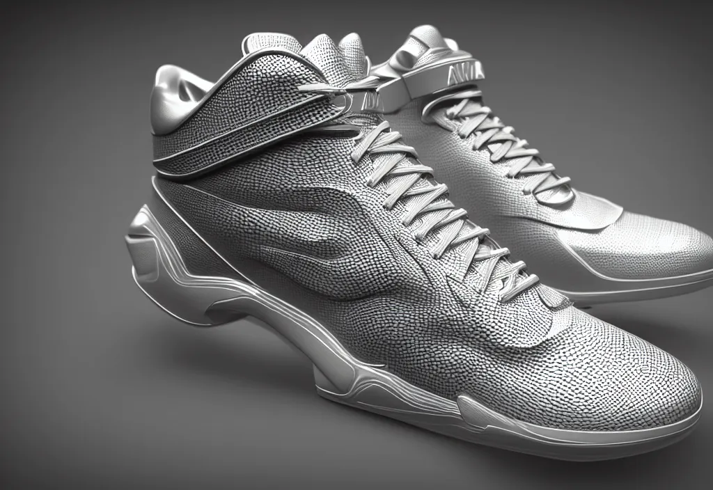 Image similar to realistic 3 d render of a futuristic sneaker, beautiful studio lighting, soft, sharp focus, neon glowing lines, intricate detail, gold and silver leather, soft white rubber, shiny plastic, black hexagon mesh, black filigree, octane render, side view, close up, trending on artstation, deviantart, nike, reebok, salomon