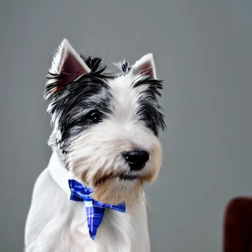 Prompt: West highland white terrier in a tuxedo drinking Italian espresso