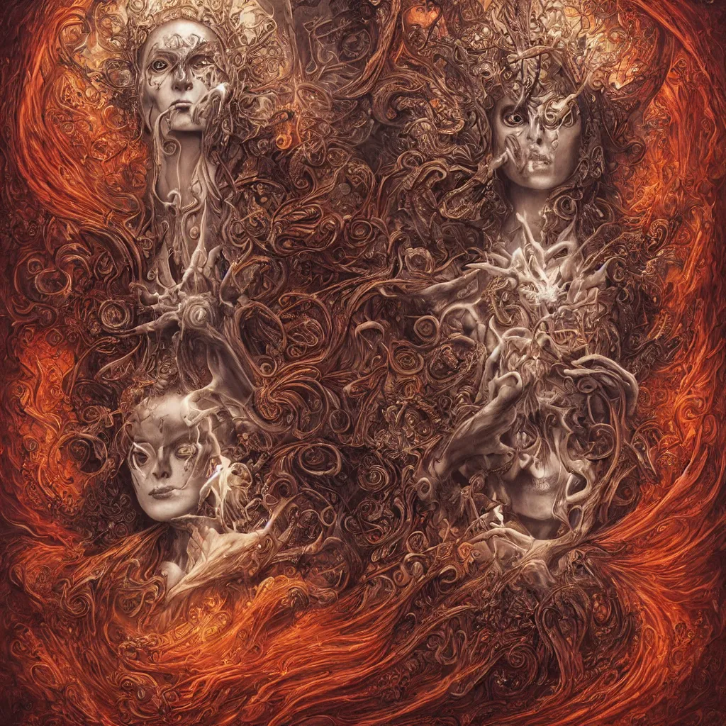 Image similar to A beautiful detailed orixa, tarot card, by tomasz alen kopera and Justin Gerard, symmetrical features, ominous, magical realism, texture, intricate, ornate, royally decorated, skull, skeleton, whirling smoke, embers, red adornements, red torn fabric, radiant colors, fantasy, trending on artstation, volumetric lighting, micro details, 3d sculpture, ray tracing, 8k, anaglyph effect