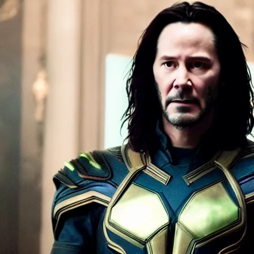 Image similar to film still of Keanu Reeves as Loki wearing the horned helmet in Avengers Endgame