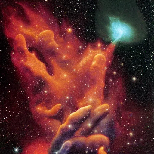 Image similar to a nebula in the shape of a hand, david a. hardy