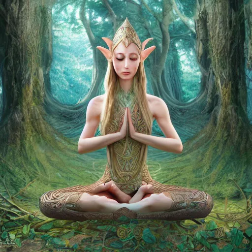 Prompt: elven princess meditating in forest, digital art, trending on artstation, ultra detailed, intricate, sacred geometry, serene, beautiful, photo, realistic, perfect, smooth, moebius, by moebius