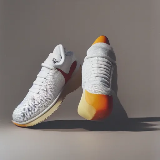 Image similar to a studio photoshoot of Nike sneakers designed by Tom Sachs, cream leather with knitted mesh material, gum rubber outsole, realistic, color film photography by Tlyer Mitchell, 35 mm, graflex