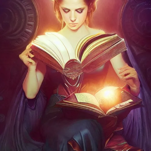 Image similar to anna kendrick holding a glowing wand in one hand and a large leather bound book, fantasy, intricate, elegant, highly detailed, digital painting, artstation, concept art, matte, sharp focus, illustration, in the style of magic the gathering, art by artgerm and greg rutkowski and alphonse mucha