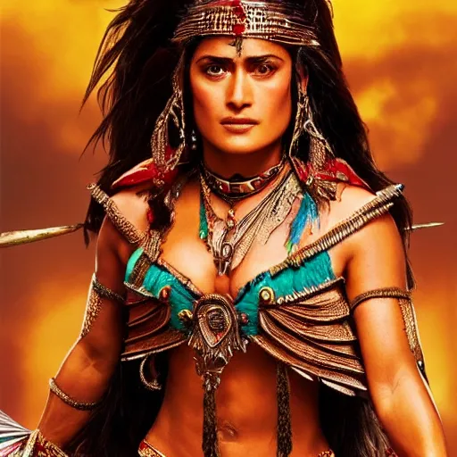 Image similar to Salma Hayek as aztec princess warrior hyper realistic 4K quality