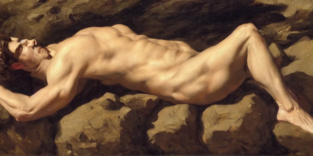 Prompt: highly detailed painting of a men laying on rocks, big rocks, sharp focus, dramatic scene, aesthetic, dynamic lighting, elegant, harmony, masterpiece, by roberto ferri, high quality