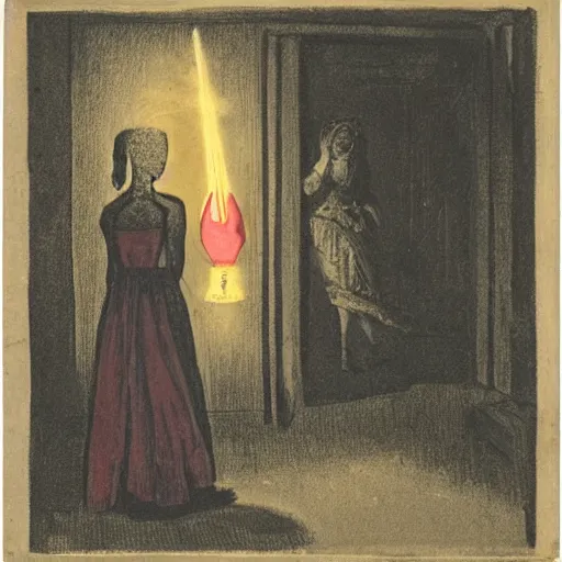 Image similar to A man stands in a black room with one source of light from a lantern it is pink, a woman stands in the dark in a red dress with a slit on her leg, Francis style