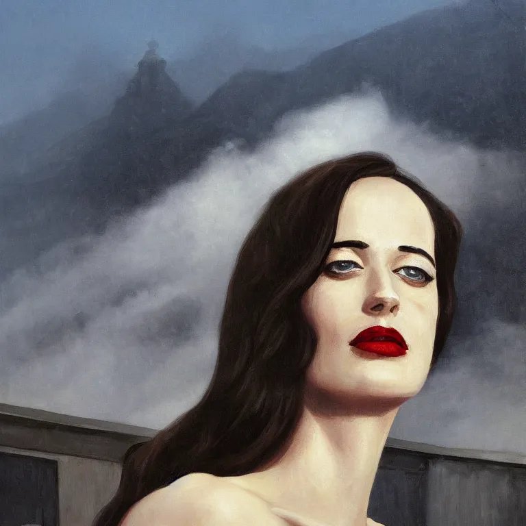 Image similar to portrait of Eva Green on a roof, fog, early morning, , painted by Edward Hopper, painted by Wayne Barlow, airbrush