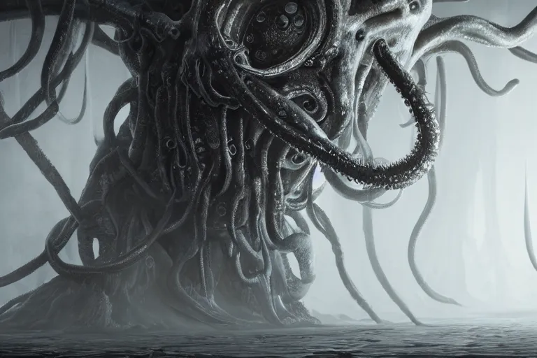 Image similar to ultra realist soft painting of the world of Lovecraft and Giger, gigantic oily tentacles and eyes, very intricate details, ultra dense fog, golden ratio, volumetric black and white lighting, reflections, refractions, symmetry accurate anatomy features, octane render