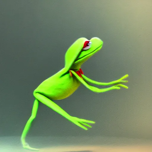 Image similar to Kermit sprinting towards the camera, motion blur, fast photo, realistic, surreal, digital photo